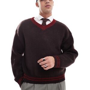 Cotton On Men's V-Neck Sweater - Brown with Red Trim